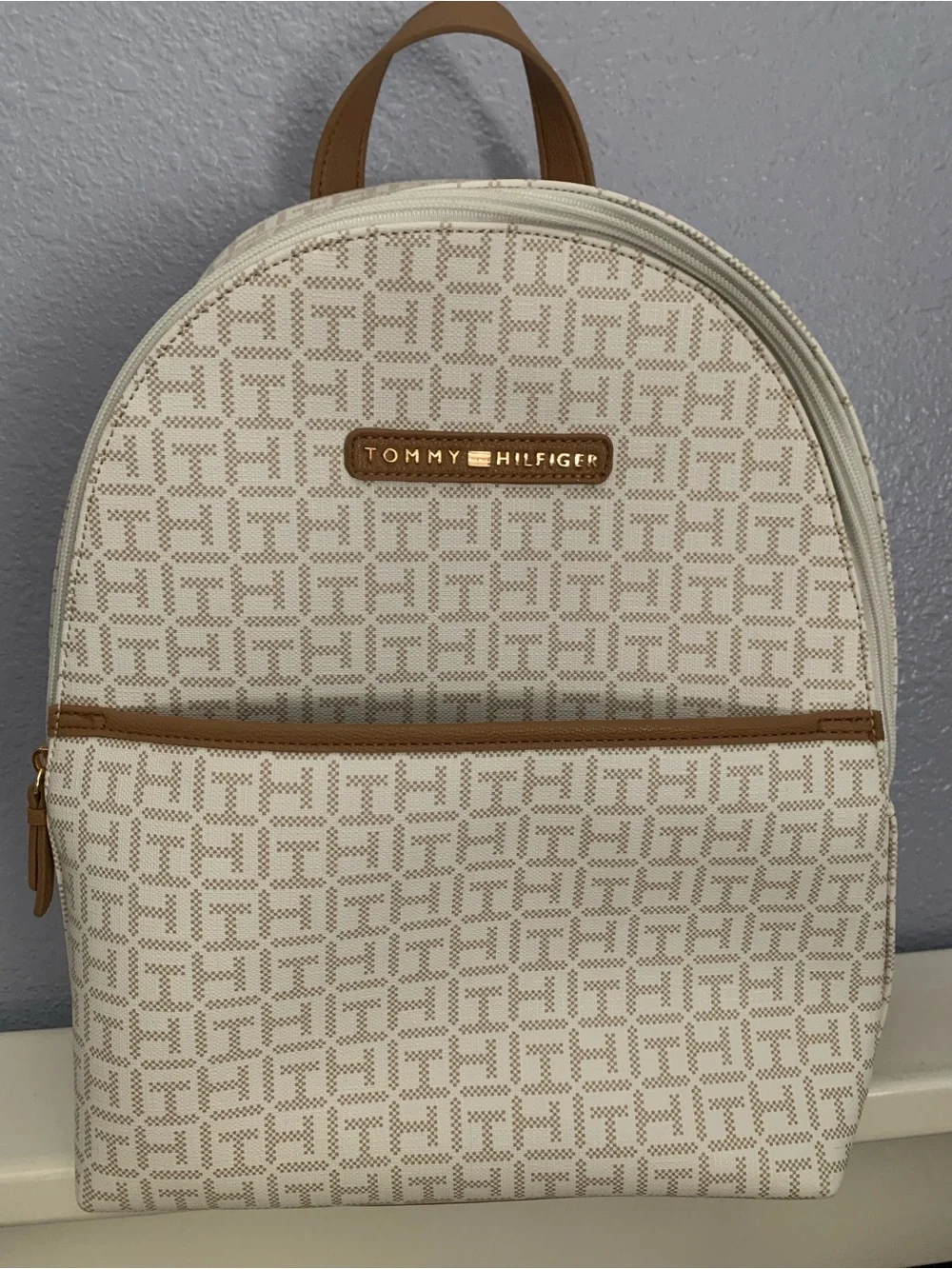 Tommy Hilfiger Cream and Tan Monogram Backpack